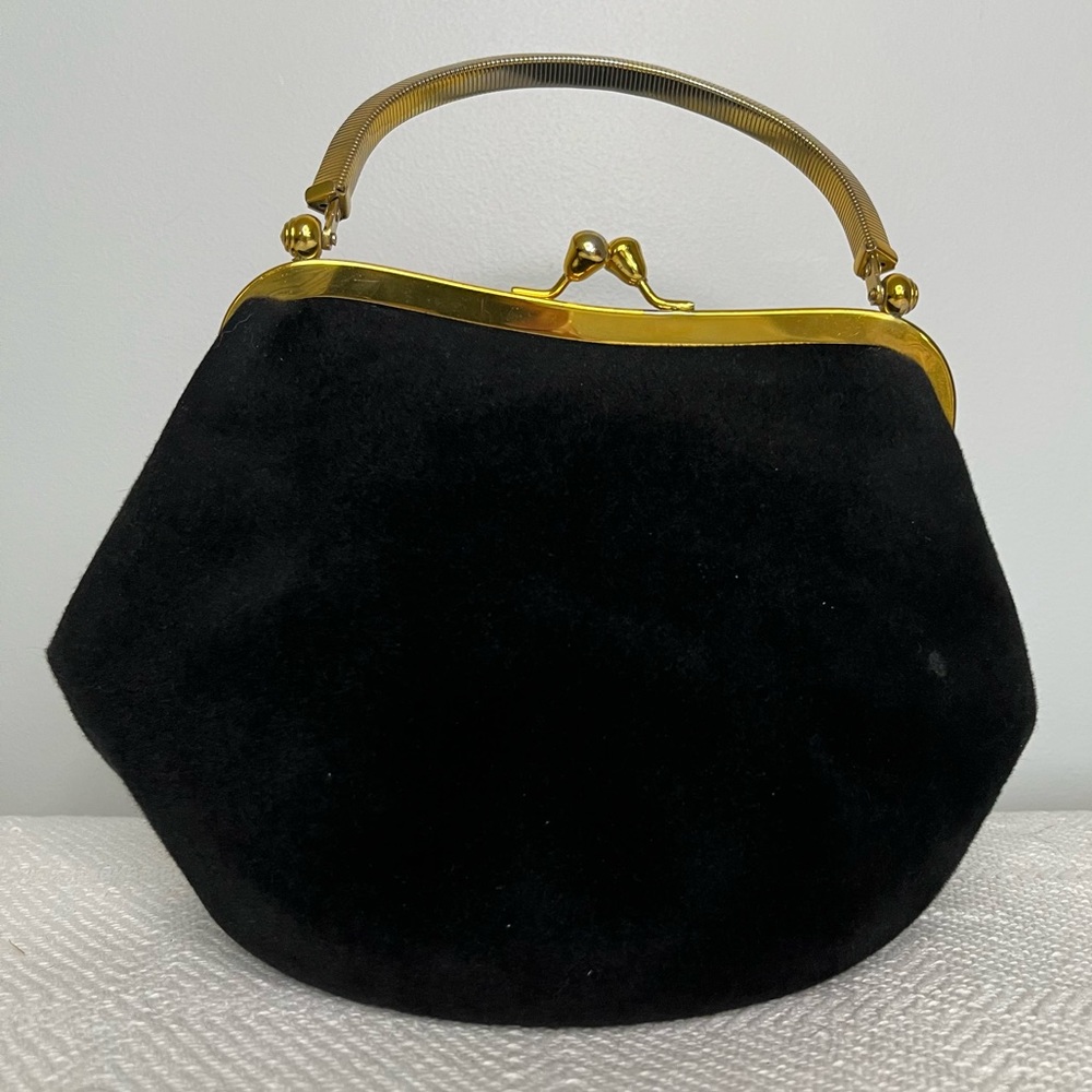 Vintage black velvet handbag with gold handle
